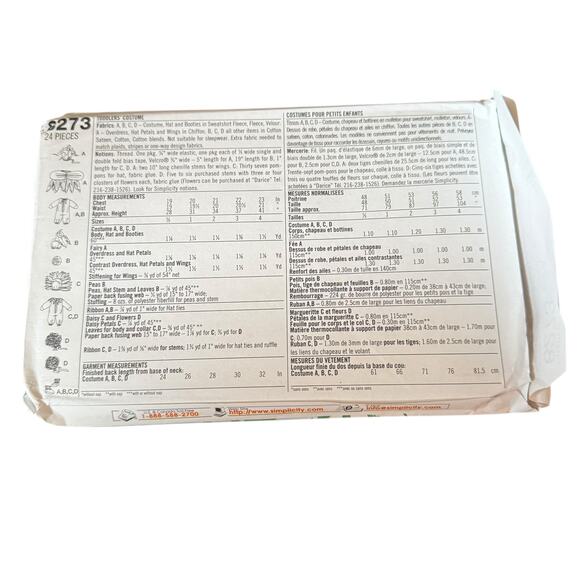 Simplicity 8273 Toddlers Baby Costumes Pea Pod Daisy Pansy Rose Fairies 1 2 3 4 - Picture 3 of 3